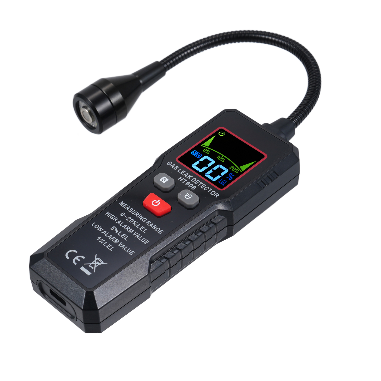 Gaslecksuchgerät Für Gas, Kraftstoff, Methan, N-butan, Ethylen Mit Flexiblem Schlauch, Taschenlampe Und Akustooptischem Alarm Ht608