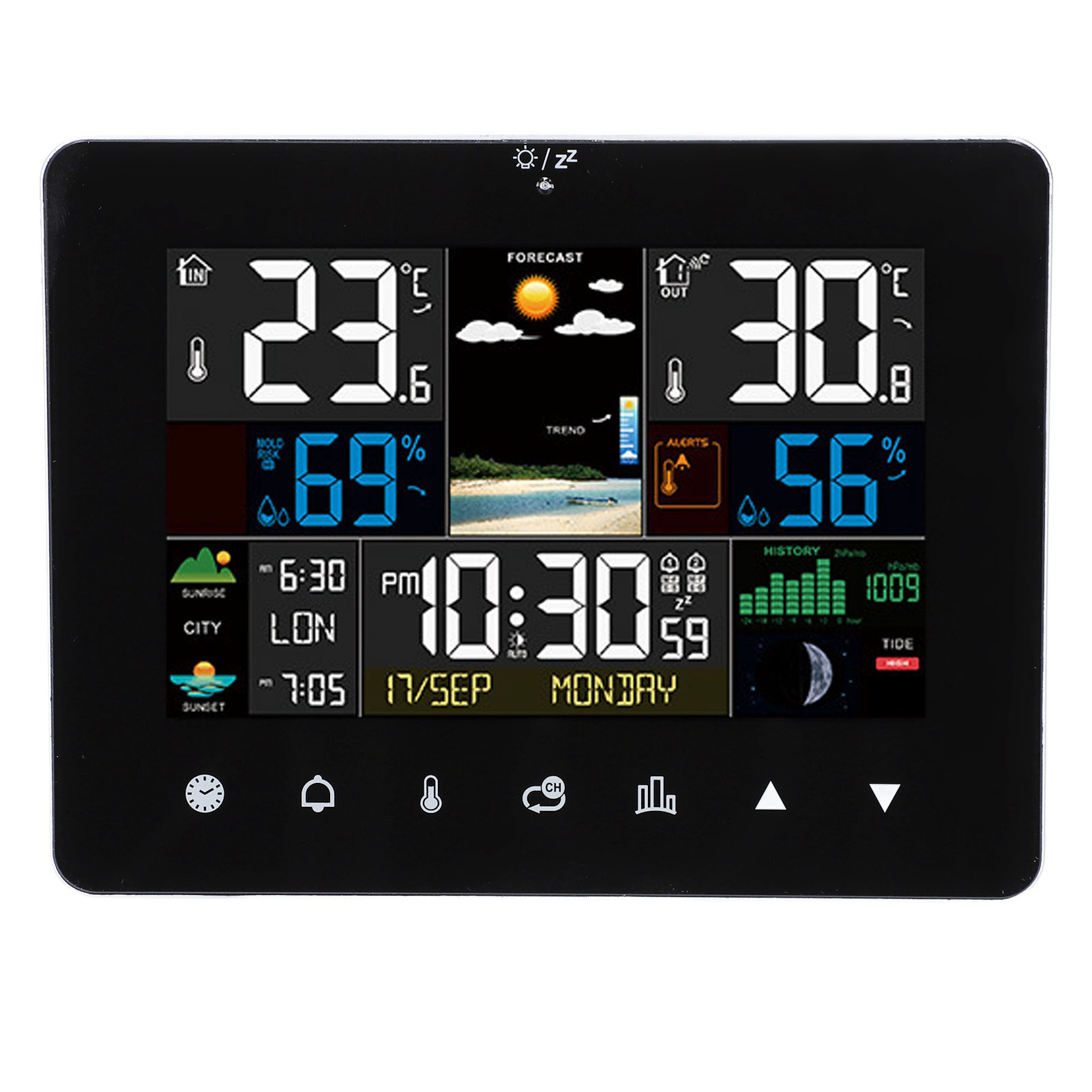 Kabellose Wetteruhr Mit Kalender, Farb-touchscreen, Rf-sensor, Thermometer Und Hygrometer Für Den Innen- Und Außenbereich.