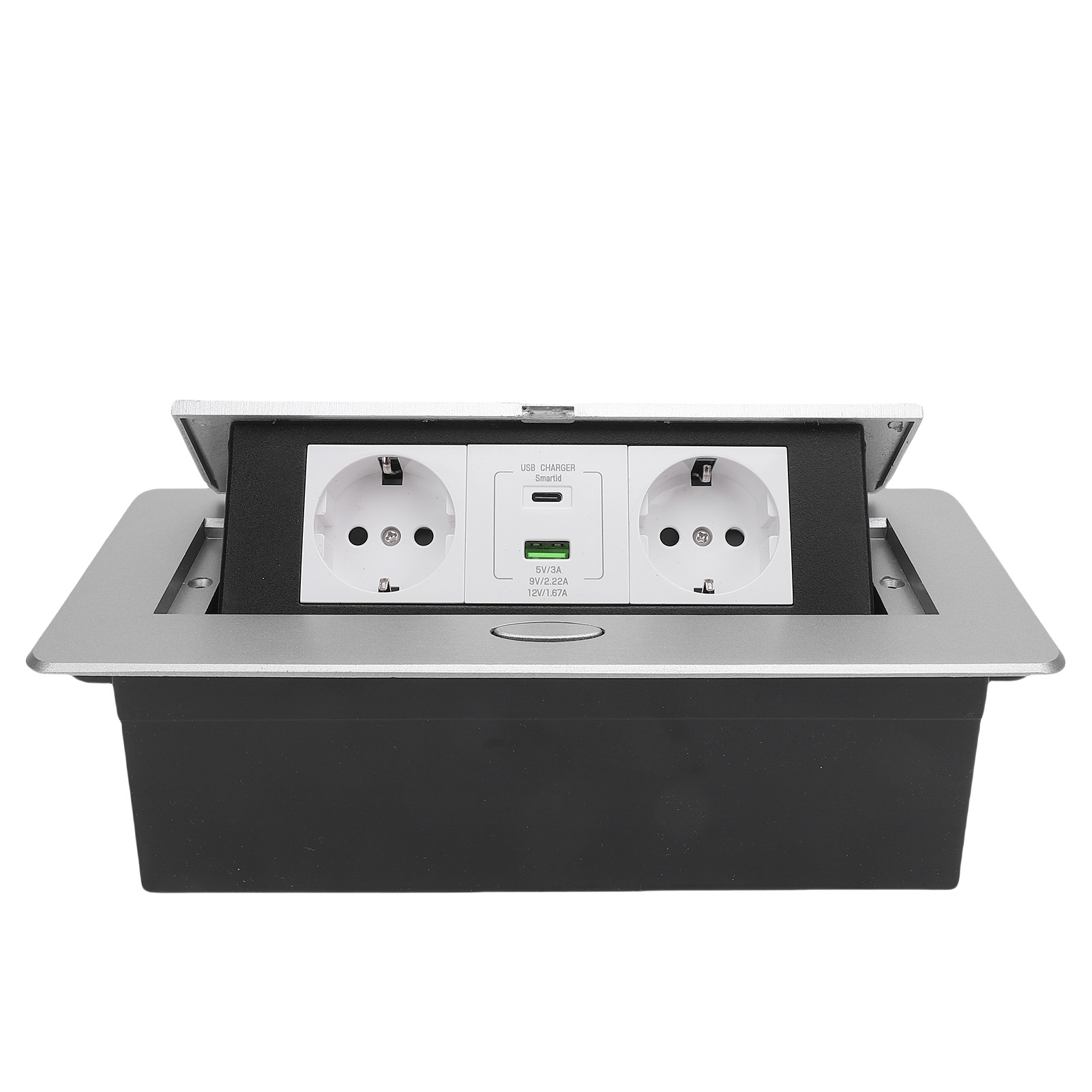 Silberne, Einziehbare 20-watt-steckdosenleiste Mit Usb-anschluss, Schnellladefunktion, Regensicher, Zur Unterputzmontage Auf Einer Arbeitsplatte.