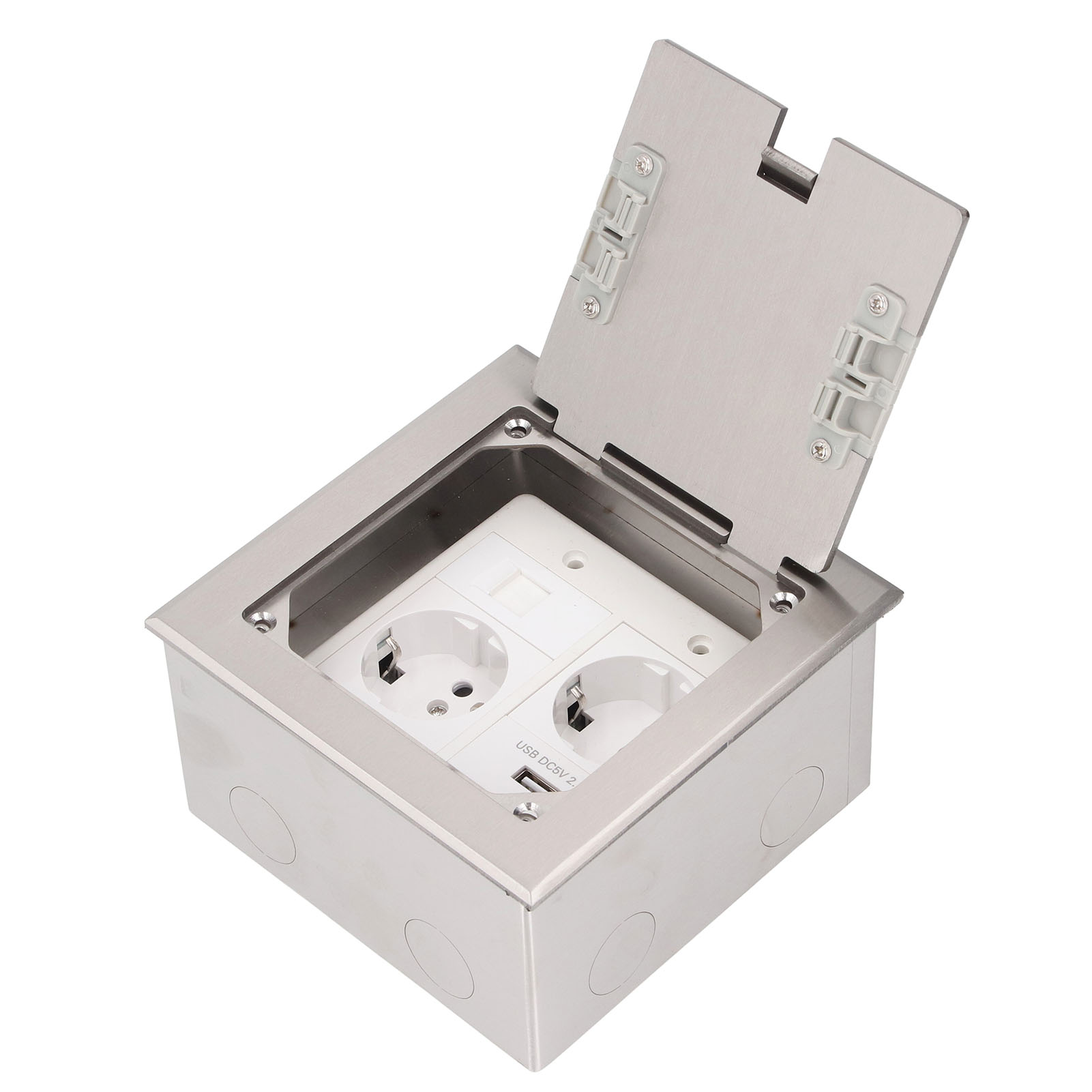 Bodeneinbausteckdose 2500 W 16 A, 2 Steckdosen, 1 Usb-anschluss, 1 Computeranschluss