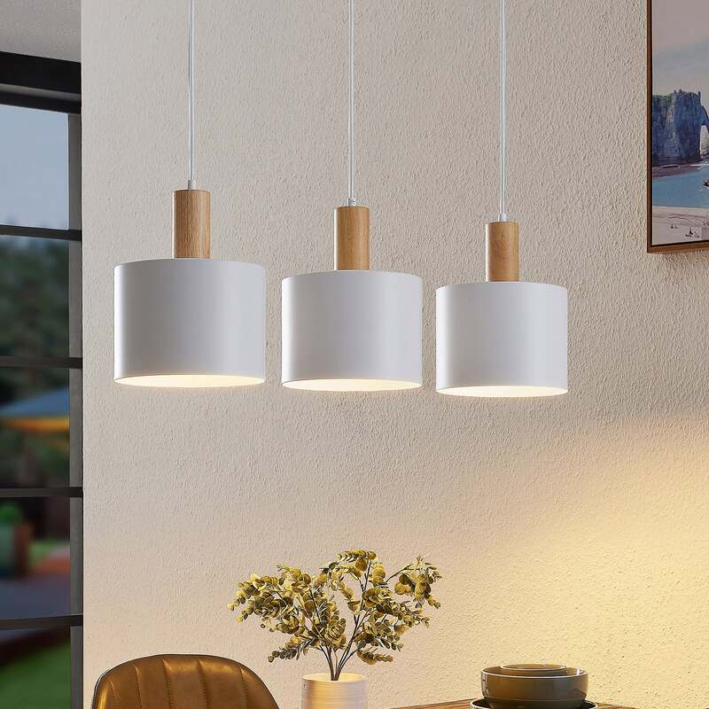 [gebraucht] B-ware Lindby Hängeleuchte Kadir Led Pendelleuchte Dimmbar Holz 3-flammig Weiß 73 Cm