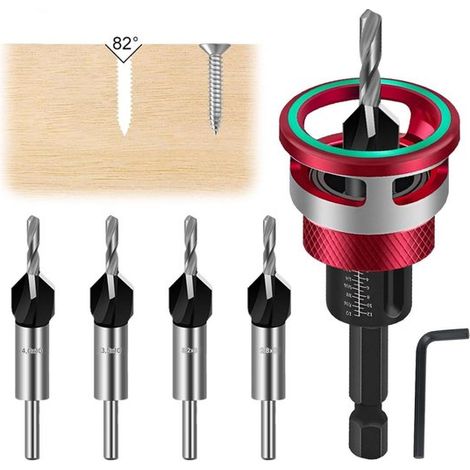 Longziming – 6-teiliges Senkbohrer-set – Präzisions-holzbohrer Mit 6,35 Mm (1/4 Zoll) Sechskantschaft – Einstellbarer Tiefenbegrenzer Für Gleichmäßige Und Präzise Bohrergebnisse