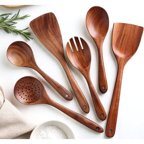 6-teiliges Set – Holz – Antihaftbeschichtung – Kochgeschirr-set – Küchenutensilien – Pfannenwender – Gabel – Schaumlöffel – Löffel