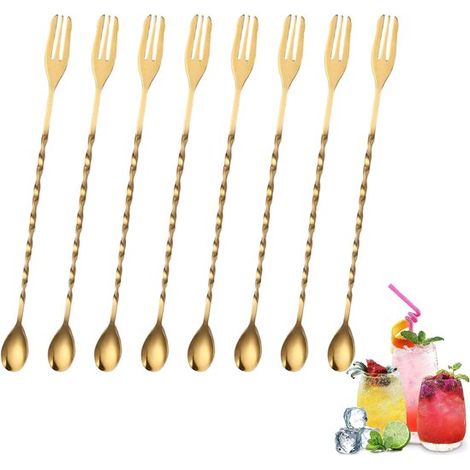 Set Mit 8 Professionellen Cocktaillöffeln Aus Edelstahl Im Spiraldesign. Ideal Für Cafés, Bars Und Cocktailshaker. Farbe: Gold.