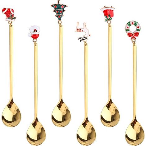 Weihnachtliche Tee- Und Dessertlöffel – 6-teilig – Teelöffel Und Dessertlöffel Aus Edelstahl, Verziert Mit Weihnachtlichen Motiven: Weihnachtsbaum, Rentier, Hut, Glöckchen Und Strumpf – Goldfarben