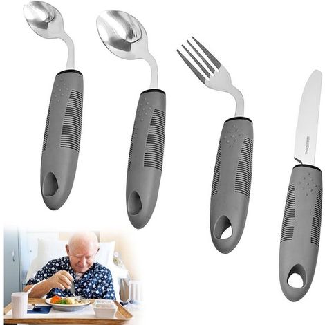 Longziming – Adaptives Besteckset – Ergonomisches Besteck – Hilfe Bei Eingeschränkter Beweglichkeit – Fester 42°-winkel – Adaptives Gewicht – Edelstahl Und Silikon – Reduziert Handgelenksermüdung – 4-