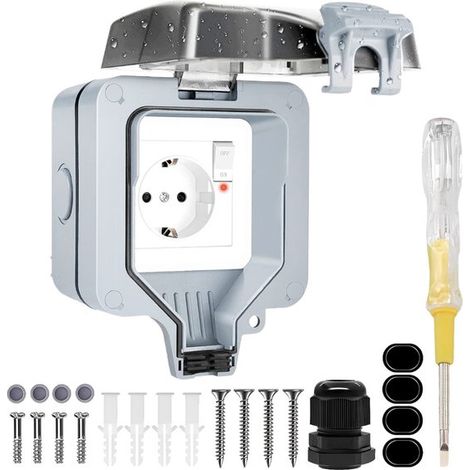 Außensteckdose – Ip66-wasserdicht – Einzeln Mit Led – Wasserdichte Wandsteckdose – Für Garten Und Terrasse – Für Den Außenbereich – Grau – 1 Stück