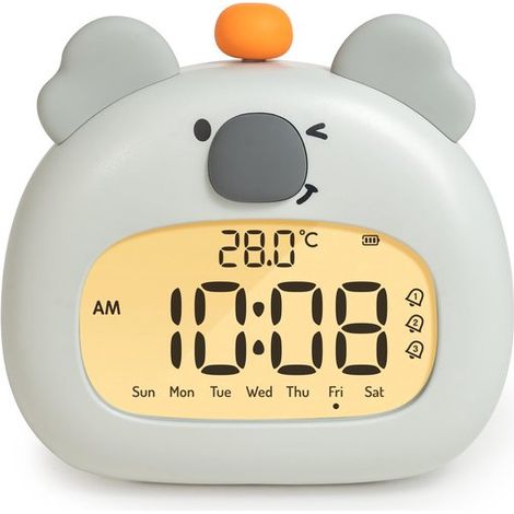 Koala-förmiger Kinderwecker Mit Nachtlicht – 8 Cm Led-digitalanzeige, Drei Weckzeiten Und Datumsanzeige – 1 Stück – Kinderzimmerdekoration, Grau