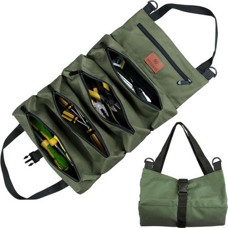 Longziming – Werkzeugtasche Zum Aufrollen – Schlüsseltasche Aus Canvas Mit 5 Reißverschlusstaschen – Mehrzwecktasche Für Klempner Und Elektriker – Grün