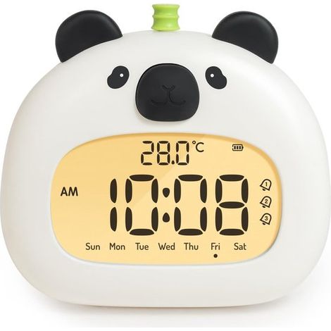 Longziming – Niedlicher Kinderwecker Mit Panda-nachtlicht – 8 Cm Digitales Led-display, 3 Weckzeiten, Wochenendmodus, Datums- Und Temperaturanzeige, Wiederaufladbar – Ideal Fürs Kinderzimmer