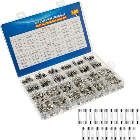 Longziming – Sortiment Mit 360 Glassicherungen – 5 X 20 Mm Und 6 X 30 Mm – Flinksicherungen 250 V – 24 Stromstärken Von 0,25 A Bis 20 A – Aufbewahrungsbox