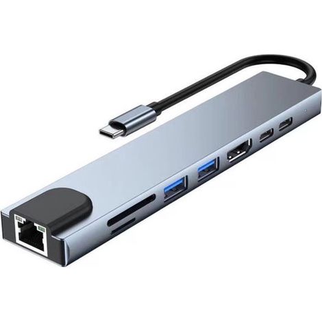 Ynkkvre – Usb-splitter – Usb-c-hub – 4k Hdmi – 8 Anschlüsse – Mit 4k Hdmi, 100 Mbit/s Rj45 Ethernet, 100 W Pd Power Delivery, Usb 3.0/2.0 Und Sd/tf-kartenleser