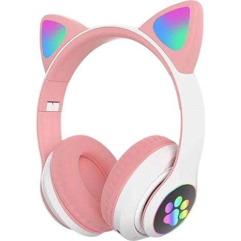 Longziming Kabellose Kopfhörer Für Kinder – Katzenkopfhörer Mit Led-ohrhörern – Bluetooth-kopfhörer – Bluetooth 5.0 – Hellgrün – Mit Beleuchtung – Zusammenklappbar – Rosa