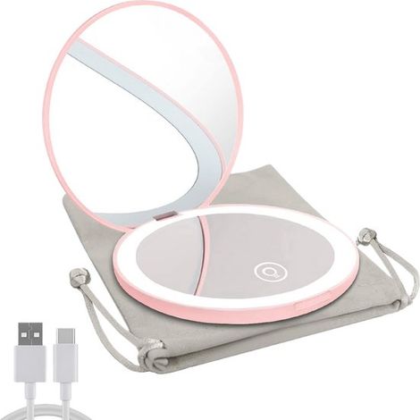 Kompakter, Wiederaufladbarer Led-taschenspiegel Mit Fach – Tragbarer Kosmetikspiegel – Einstellbare Helligkeit – 1-fache Und 10-fache Vergrößerung – Hochwertiger Abs-kunststoff – Elegantes Design – Id