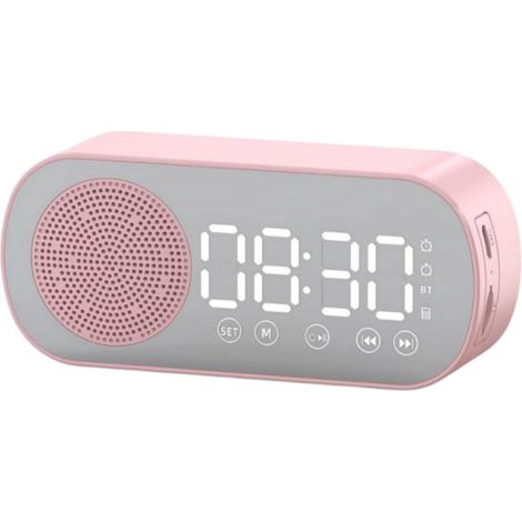 Longziming – Digitaler Wecker Mit Lautsprecher – Bluetooth-wecker – Doppelalarm – Fm-radio – Abs – Led-display Mit Spiegeleffekt – Tragbar Und Multifunktional – 1 Stück – Rosa