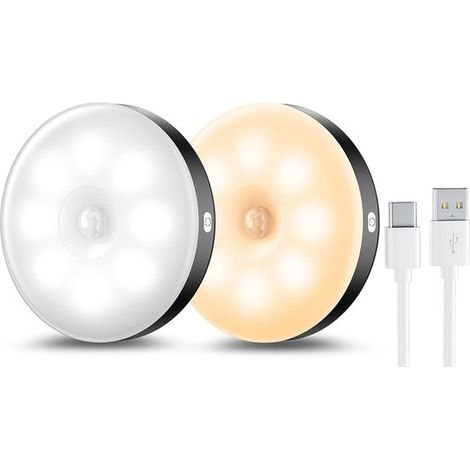Longziming – 2-teiliges Led-nachtlicht Mit Bewegungssensor – Usb-aufladbar – 3 Lichtfarben – Automatische Ein-/ausschaltung – Für Treppenhaus, Schlafzimmer, Küche Und Flur – Schwarz