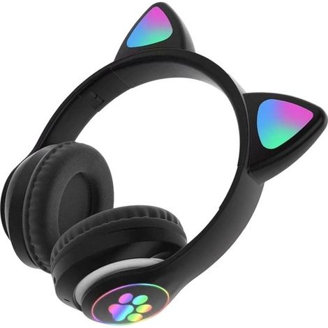 Longziming Kabellose Kopfhörer Für Kinder – Katzenmotiv Mit Led-ohrhörern – Bluetooth-kopfhörer – Bluetooth 5.0 – Hellgrün – Integrierte Beleuchtung – Zusammenklappbar – Schwarz