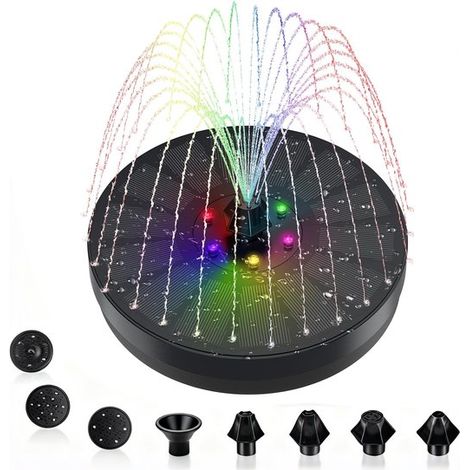 Longziming Solarbrunnen Mit Pumpe Für Vogeltränken – 3 W – 7 Düsen – Solarbetriebener Brunnen – 900-mah-akku Und Led-beleuchtung – Ideal Für Teiche, Pools Und Gärten, Ø 16 Cm – Schwarz