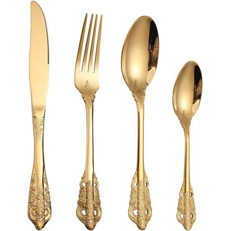4-teiliges Besteckset – Gabel – Löffel – Messer – Teelöffel – Edelstahl – Goud