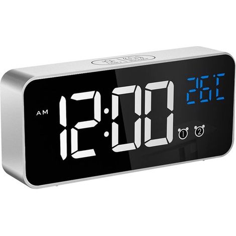 Longziming – Wiederaufladbarer Led-musikwecker – Silber – Großer Digitaler Wecker Mit Usb-anschluss, Einstellbarer Helligkeit Und Wecklautstärke