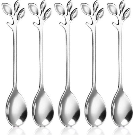 Longziming 5-teiliges Teelöffel- Und Dessertlöffel-set – Edelstahl – Blattmuster – Silber – Küchenaccessoire