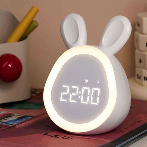 Wecker – Kinderwecker – Einschlafhilfe – Sanftes Nachtlicht – Sprach- Und Touch-steuerung – Batterielaufzeit: 20 Tage – Sicheres Hasen-design – Weiß