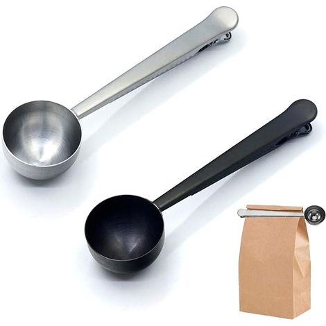 Kaffeelöffel, Edelstahl-kaffeelöffel Mit Clip, Messlöffel Für Gemahlenen Kaffee Und Bohnen, 2er-set (schwarz + Silber).
