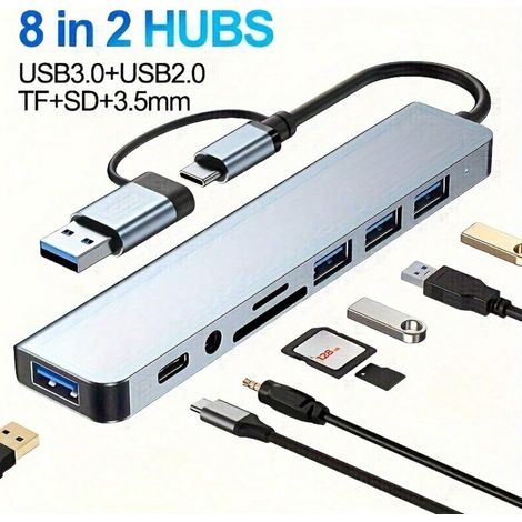 8-in-1-usb-c-hub Aus Aluminium – Ausgestattet Mit Usb 3.0, Usb 2.0, Usb-c, Sd/tf-kartenleser Und 3,5-mm-klinkenanschluss Für Ipad Pro, Ipad Air, Laptop Und Tablet