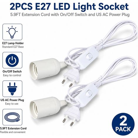 Set Mit 2 E27 Led-lampenfassungen, 1,8 M Langem Verlängerungskabel Mit Ein-/ausschalter Und Us-netzsteckern, Pendelleuchte Geeignet Für Küche Und Schlafzimmer (weiß)