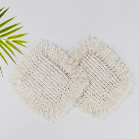 Saugfähige Untersetzer Für Getränke, Untersetzer Im Boho-stil Für Holztische, Makramee-untersetzer, Untersetzer-set Für Alle Arten Von Tassen Und Gläsern (2 Quadratische Stück, Beige Farbe)