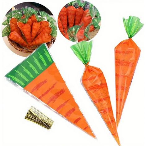 Packung Mit 50 Festlichen, Karottenförmigen Geschenktüten – Mit Osterhasenmotiv, Plastikgeschenktüten Für Geburtstage Und Osterfeiern