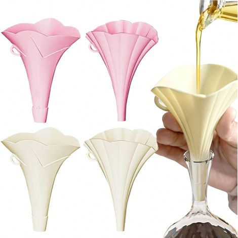 Set Mit 4 Küchentrichtern – Faltbare, Blütenförmige Silikontrichter Zum Umfüllen Von Gläsern, Flaschen Und Flüssigkeiten.