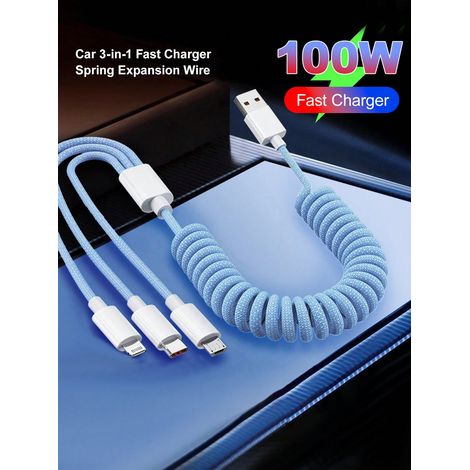 3-in-1-schnellladekabel (usb), Max. 100 W, Verstellbare Länge, Geflochtenes Nylonkabel, Gerader Spiralstecker, Kompatibel Mit Iphone 16–11, Samsung, Ipad, Blau
