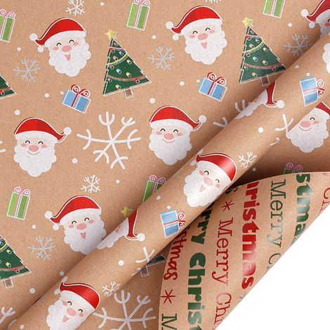 Kraftpapierrolle Für Weihnachtsgeschenke, Wendbares Geschenkpapier Mit Niedlichem Weihnachtsmann-, Tannenbaum- Und „frohe Weihnachten“-motiv – Dickes Geschenkpapier Für Weihnachtsgeschenke