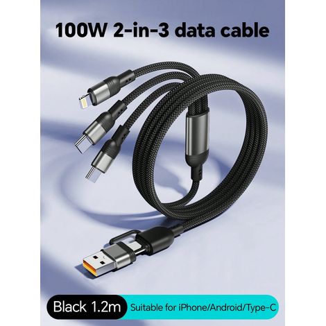 3-in-2 Schnellladekabel (100 W Max.), Nylonummantelt, Usb-a Auf Usb-c/lightning/micro-usb, Kompatibel Mit Iphone 16/15/14, Samsung S24/s23, Android, Huawei, Schwarz