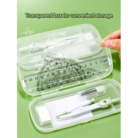 7-teiliges Set: Zirkel, Lineal, Winkelmesser, Dreieck, Winkelmesser Und Stifthalter. Geeignet Für Schule, Prüfungen Und Lernen. Grüne Ausführung.