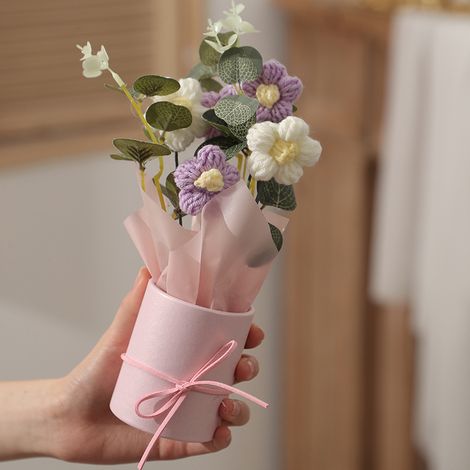 1 Strauß Handgestrickter Kunstblumen, 5 Gehäkelte Blumen, Gestrickte Stoffblumen Als Geschenk, Heimdekoration, Valentinstag, Lila.