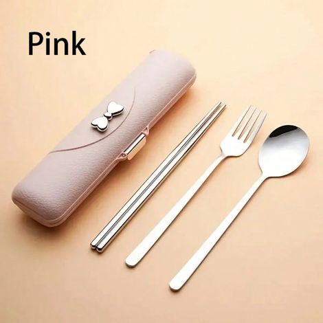 3-teiliges Besteckset: Gabel, Löffel Und Essstäbchen Aus Edelstahl Mit Aufbewahrungsbox, Praktisches Lunchset Für Reisen, Camping Und Picknicks, Rosa