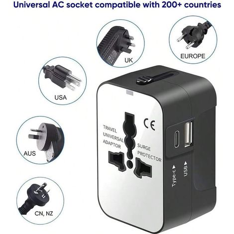 All-in-one Global-reiseadapter – Universeller Netzadapter Mit Usb-c- Und Usb-a-anschlüssen Für Usa, Eu, Aus (schwarz)