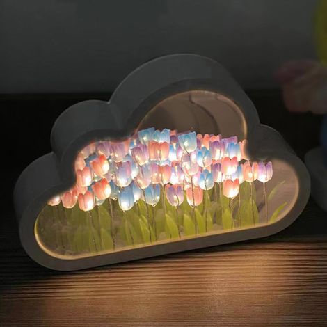 (20 Blumen) Tulpen-nachtlicht Mit Spiegel, Künstliche Blumenlampe (montiert), Tischlampe, Schlafzimmerdekoration, Geschenk Für Frauen, Freundinnen, Schwestern, Bürodekoration, Wolkenmotiv (mehrere)
