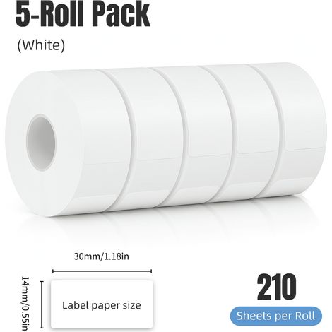 Packung Mit 5 Thermoetikettenpapierrollen: Standard-etiketten Weiß 30 Mm, 210 Blatt Pro Rolle, Selbstklebend, Tintenfrei Und Wasserfest Für Etikettendrucker