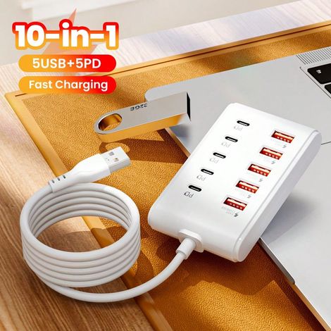 10-port-steckdosenleiste (5 Usb Typ C), Mit 1 M Ladekabel, Ladestationsadapter Für Zuhause Und Büro, Schnelllade-hub Für Mehrere Geräte.