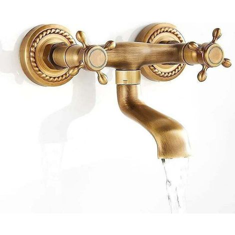 Antike Küchenarmatur Aus Kupfer Zur Wandmontage Mit 180° Schwenkbarem Auslauf, Warm- Und Kaltwasser, Vintage-finish, 2-loch-wandbefestigung