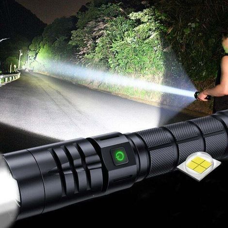Extrem Leistungsstarke Led-taschenlampe Mit 10.000 Lumen – Wasserdicht (ipx4) – Teleskopzoom – 5 Leuchtmodi – Usb-ladefunktion – 200 M Leuchtweite – Aluminium