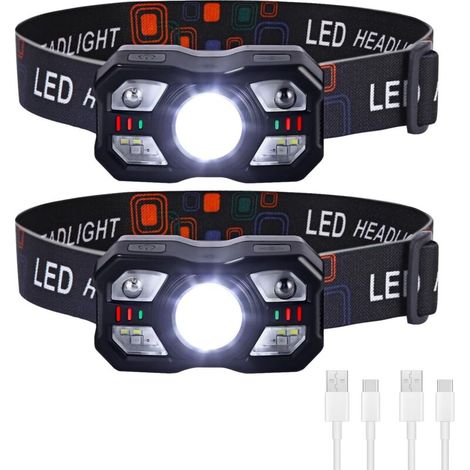2 Leistungsstarke, Wiederaufladbare Led-stirnlampen (1200 Mah) Mit Sensor, Ipx5-rotlicht, Leicht Und Ideal Zum Laufen, Angeln Und Campen.