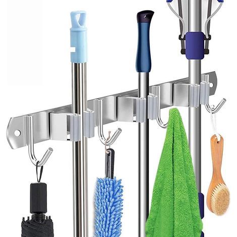 Wandmontierter Besen- Und Mopphalter Aus Edelstahl 304 – Mit 3 Klemmen Und 4 Haken, Erweiterbarer Stauraum Für Garage, Küche Und Badezimmer