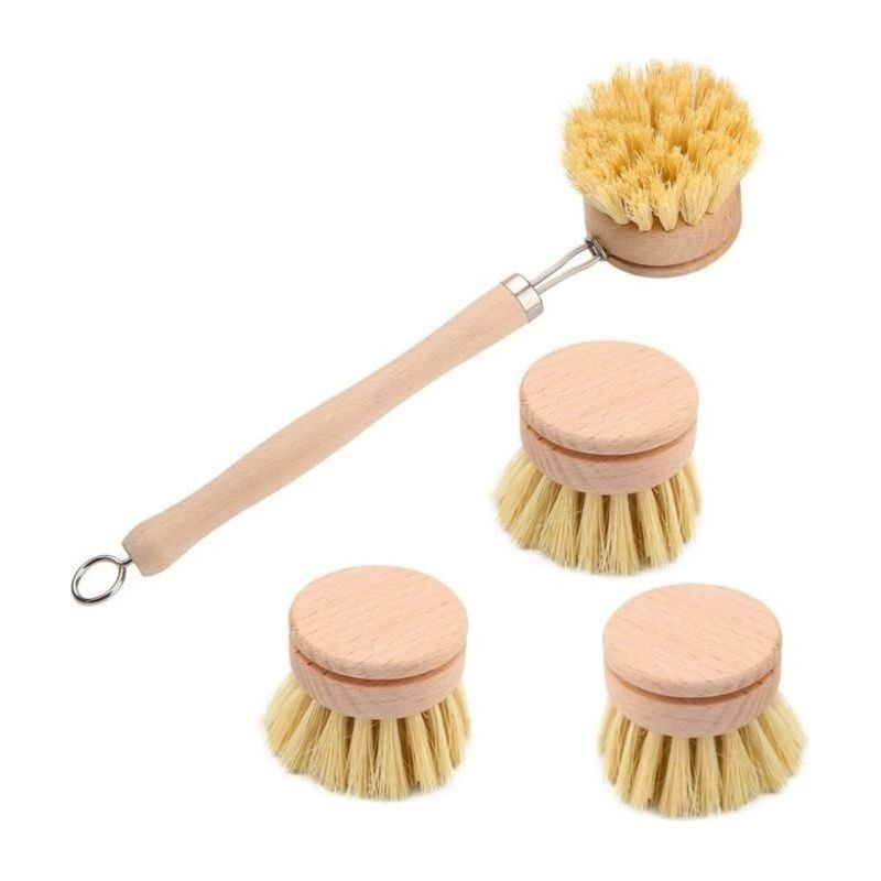 Brosse A Vaisselle De Cuisine, Brosse À Vaisselle Longue Manche,brosses De Nettoyage En Bois Avec 3 Têtes De Rechange - 1set