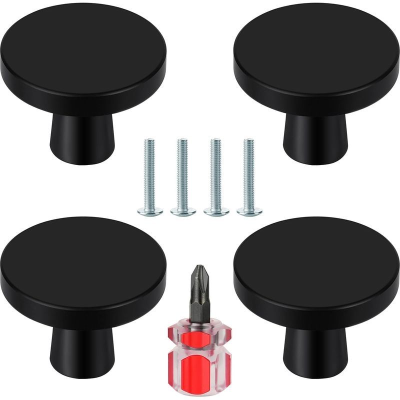 Lot De 4 Poignées De Meuble Noires, Boutons Ronds Pour Armoires Et Tiroirs, Poignées De Porte De Cuisine Pour Commode, Placard Et Autres Meubles, Avec Tournevis Inclus