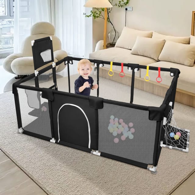 Baby Laufstall 180x120x66cm Mit Basketball-netz Atmungsaktivem Babys Laufgitter Mit Sicherheitstür 50 Ozeanball Schwarz