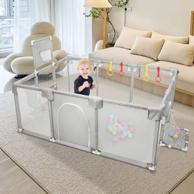Baby Laufstall 182x 120x 66cm Mit Basketball-netz Atmungsaktivem Babys Laufgitter Mit Sicherheitstür 50 Ozeanball Hellgrau